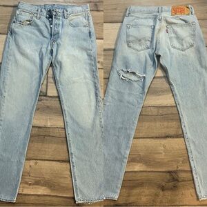 Levi’s 501 straight cut, high waisted, light wash denim jeans